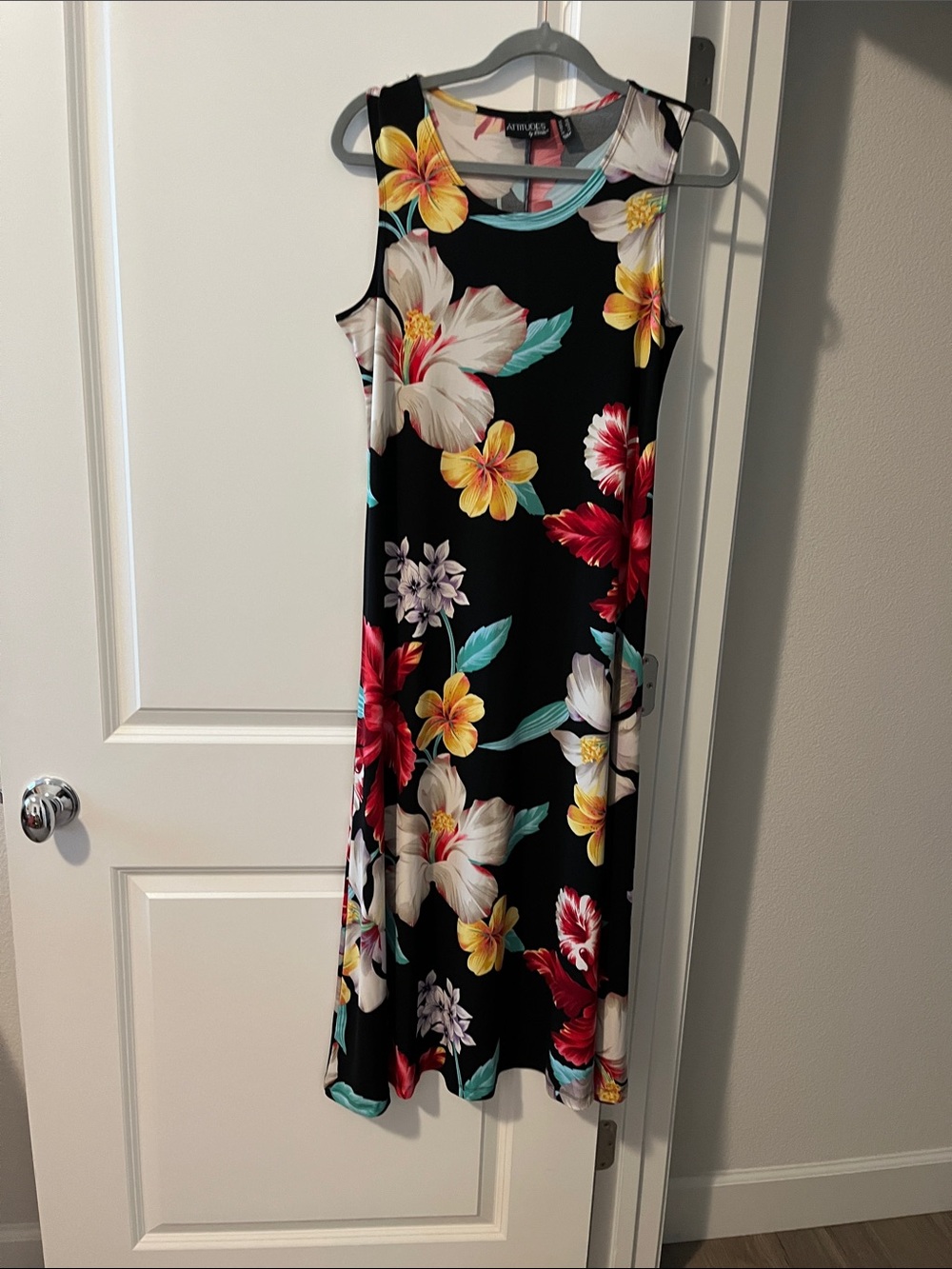 Black Floral Maxi Dress with Red, Yellow & Teal Blossoms